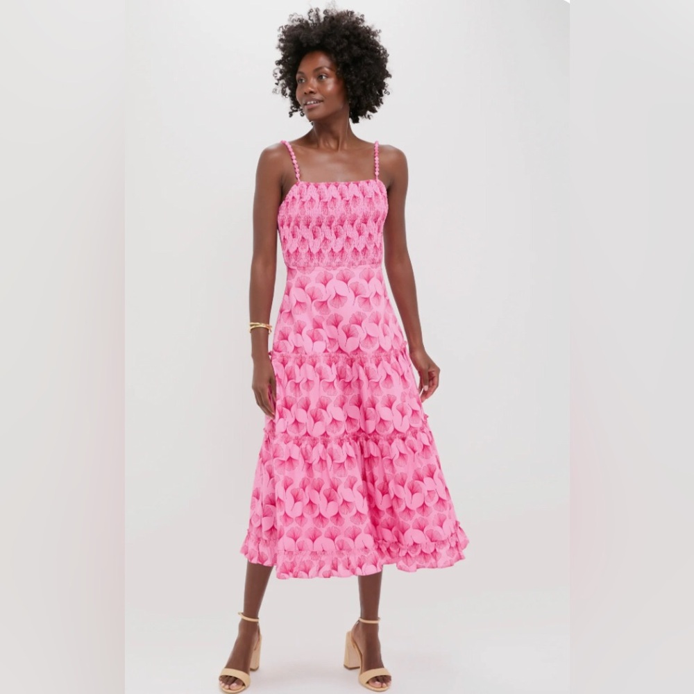 Pink Floral Smocked Midi Dress